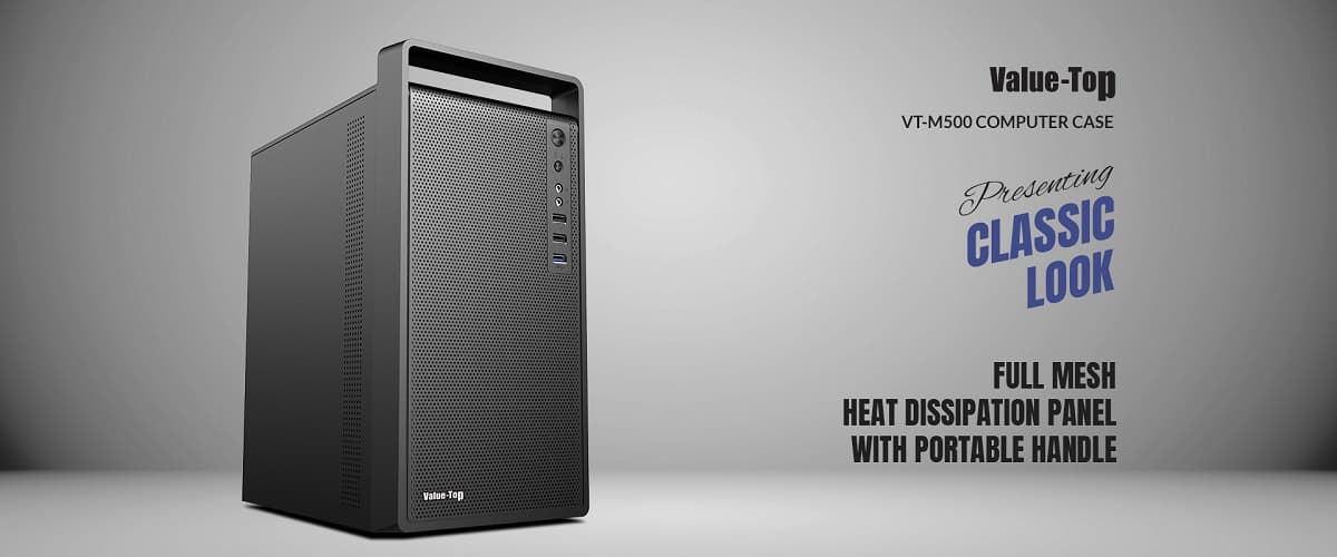 VALUE-TOP VT-M500 MICRO ATX CASING W/S200A PLUS PSU, 1xUSB3.0, 2xUSD2.0, 1x12cm BLACK REAR FAN, TOP HANDLE & HD AUDIO